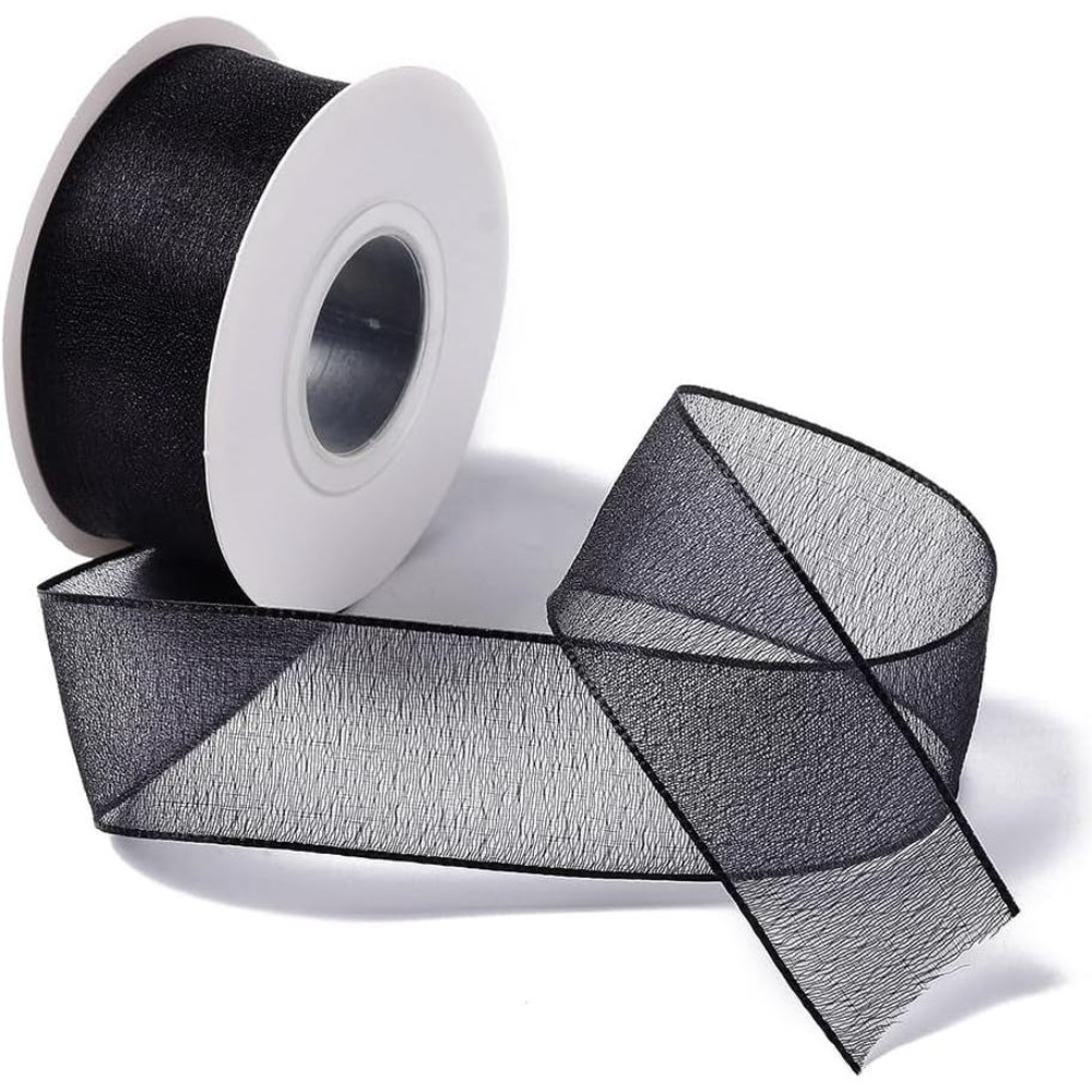Ribbon Organza Roll - 1인치 블랙 오간자 리본 와이어드 시어
